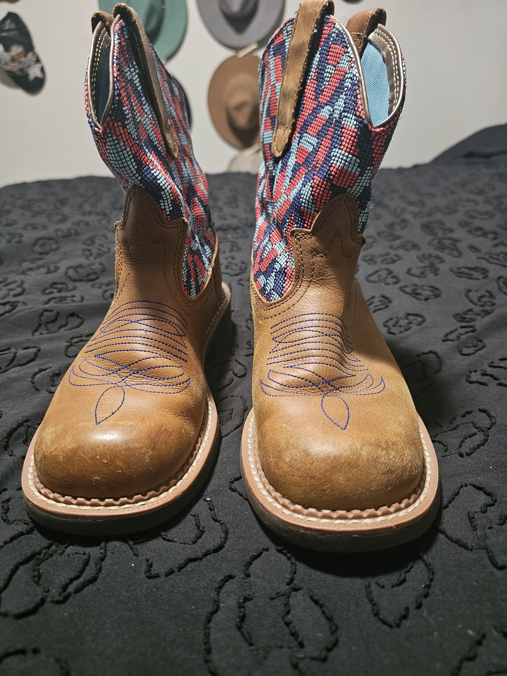 Ariat Tan Leather Heeled Boots with Red & Blue Patterned Shaft
